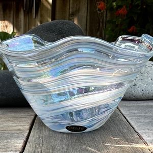 Glass Eye Studio, Art Glass Wave Bowl, Iridescent Blues & White, Excellent